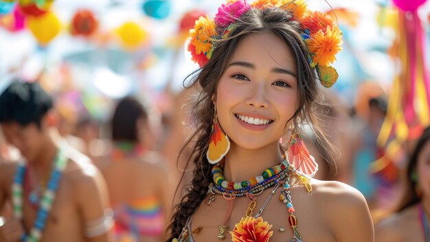 Energische Aziatische vrouw danst te midden van muziekfestivalmenigte