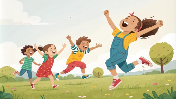 Energische kinderen springen in synchroon als enthousiaste kangoeroes hun vreugdevolle schreeuwen vullen de lucht terwijl ze door een open speeltuin springen