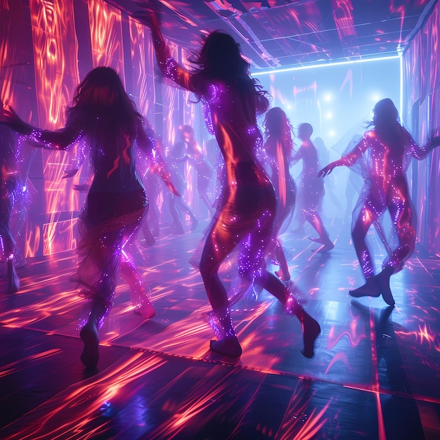 Foto energische nachtclubdansscene met levendige laserlichten