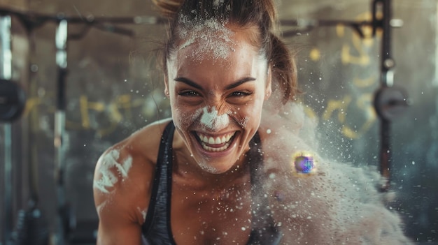 Energische vrouw met krijt die explodeert in de sportschool.