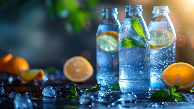 Foto energiserende glazen fles mousserend mineraalwater voor een gezonde ochtendstart concept gezonde levensstijl verfrissende drank morgenroutine mousserend water wellnessdoelen