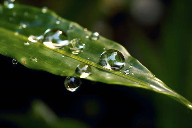 エネルギーを与え、元気を与える葉っぱの水滴のマクロ画像 Generative AI