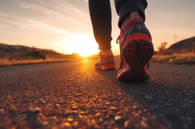 Energizing run Closeup of male runner's feet sunrise jog on road