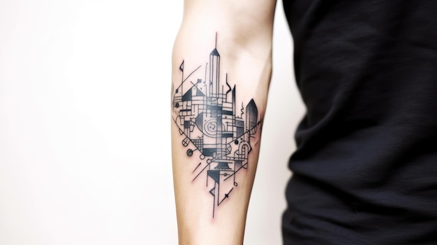都市 の エネルギー 男性 の 手 に 描か れ て いる 都市 の 形 と 曲がっ た 線 の タトゥー