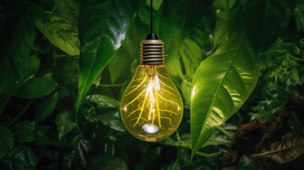 Energy conservation light bulb on the background of green leaves as a symbol