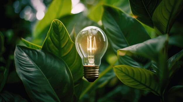 Energy conservation light bulb on the background of green leaves as a symbol