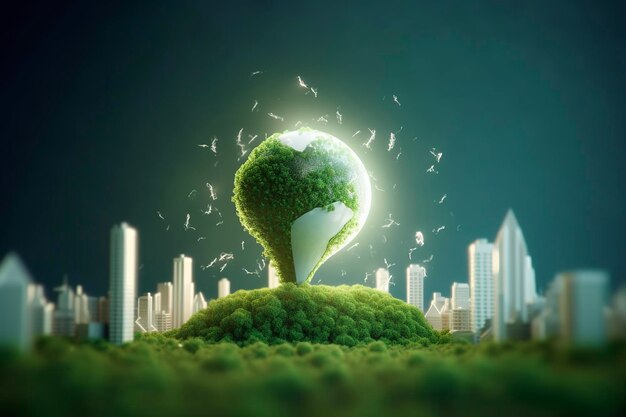 Energy consumption and CO2 gas emissions are increasing light bulbs with green eco city Renewable energy by 2050 Carbon neutral energy Save energy creative idea concept Generative Ai