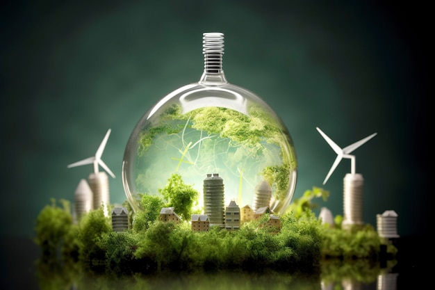 Photo energy consumption and co2 gas emissions are increasing light bulbs with green eco city renewable energy by 2050 carbon neutral energy save energy creative idea concept generative ai