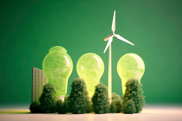 Потребление энергии и выбросы углекислого газа увеличивают количество лампочек с зеленым экогородом Возобновляемая энергия к 2050 году Энергия с нулевым выбросом углерода Экономия энергии Концепция креативной идеи Генеративный искусственный интеллект