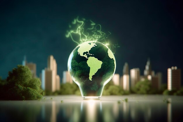 Energy consumption and CO2 gas emissions are increasing light bulbs with green eco city Renewable energy by 2050 Carbon neutral energy Save energy creative idea concept Generative Ai