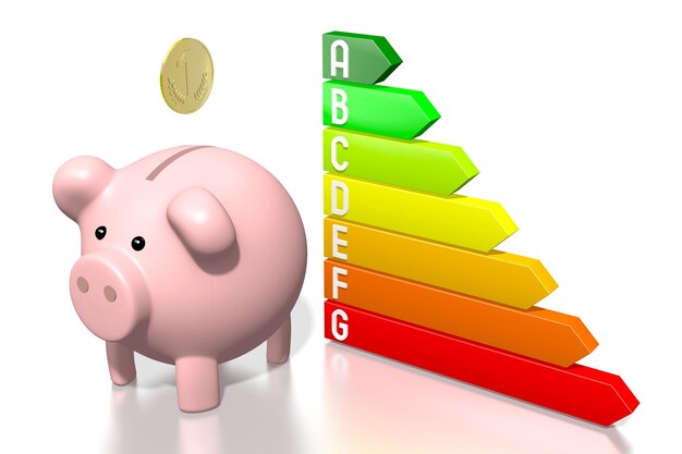 Energy consumption efficiency chart and piggy bank savings concept 3d illustration