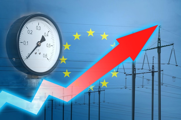 Energy crisis graph on the background of the flag of european union global energy crisis concept