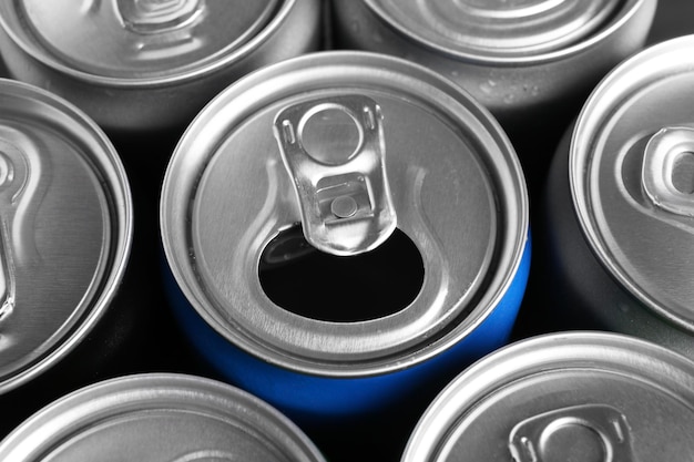 energy drinks in cans as background closeup functional beverage
