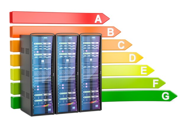 Foto grafico dell'efficienza energetica con rendering 3d di rack per server di computer