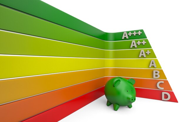 Energy efficiency chart with piggy bank. 3d rendering