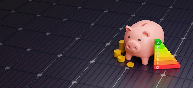 사진 태양 패널의 에너지 효율성 동전과 태양 패널을 가진 돼지 은행 텍스트 3d를 위해 공간을 복사하십시오.