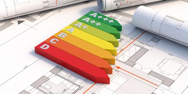 Foto grafico di valutazione dell'efficienza energetica sull'illustrazione 3d del fondo dei piani del progetto