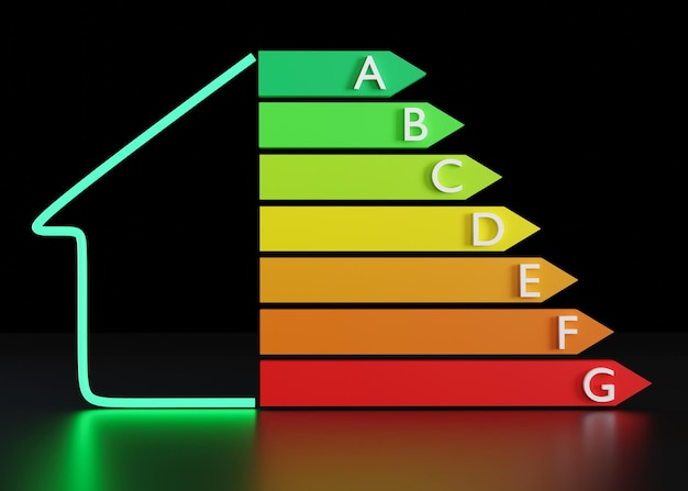 Energy efficiency rating chart and house on black background Ecological and bio energetic home Energy class performance certificate rating graph Eco friendly energy saving 3d rendering