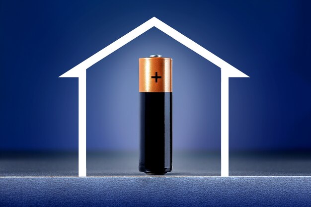 Energy efficient house concept. Battery with full of energy and sketch of home against blue background.