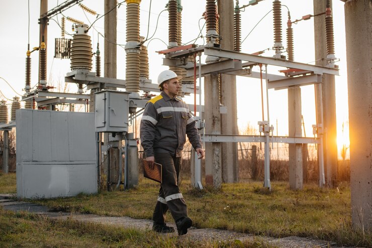 The energy engineer inspects the equipment of the substation. Power engineering. Industry.