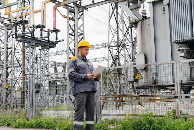 The energy engineer inspects the equipment of the substation