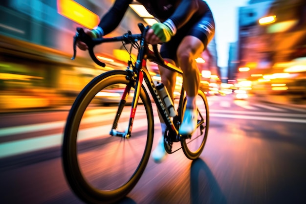 자전거 타는 사람의 클로즈업 샷에서 도시 거리의 에너지와 흥분 Defocused Image Generative AI