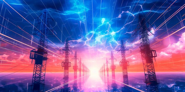 写真 持続可能で環境に優しい未来を象徴する、相互接続された送電線と再生可能エネルギー源を備えたエネルギーグリッド