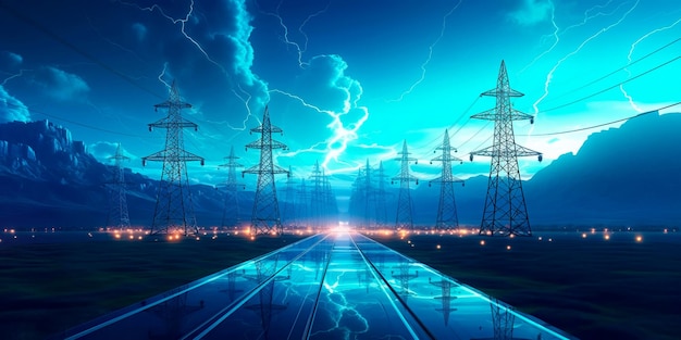 энергетическая сеть с соединенными между собой линиями электропередачи и возобновляемыми источниками энергии, символизирующая устойчивое и экологически чистое будущее
