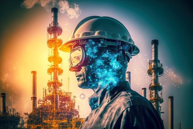 Energy industry workers in helmet against backdrop of large electrical factory