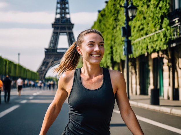 Энергия в Париже Молодой спортсмен путешествует по долинам в летний день