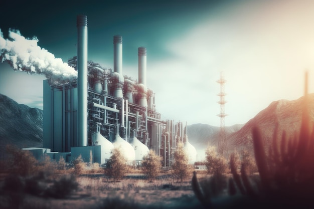 An energy plant with a blurred background of the surrounding landscape created with generative ai