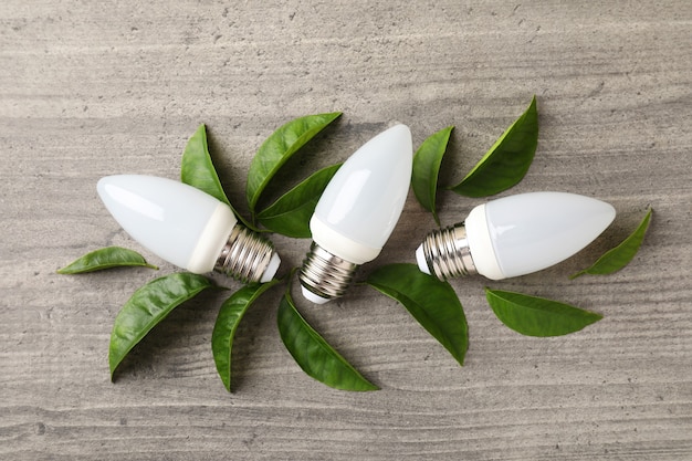 Photo energy saving bulbs with leaves on gray textured background.