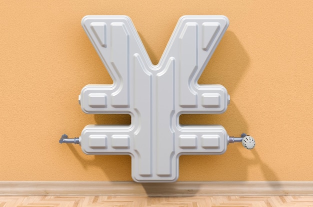 Photo energy saving concept heating radiator in shaped of yen or yuan 3d rendering