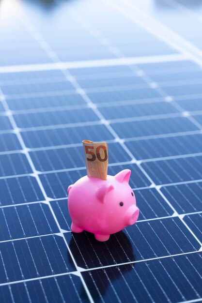 Energy saving concept with solar panels and a piggy bank with fifty euro