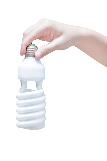 Energy saving concept Woman hand holding light bulb on white background