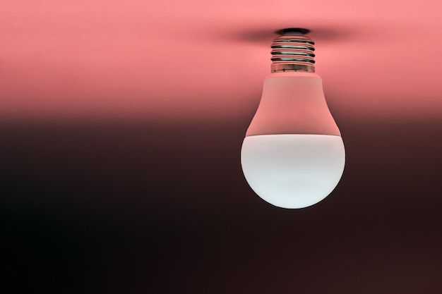 Energy saving light bulb, copy space, pink background. Minimal idea concept.