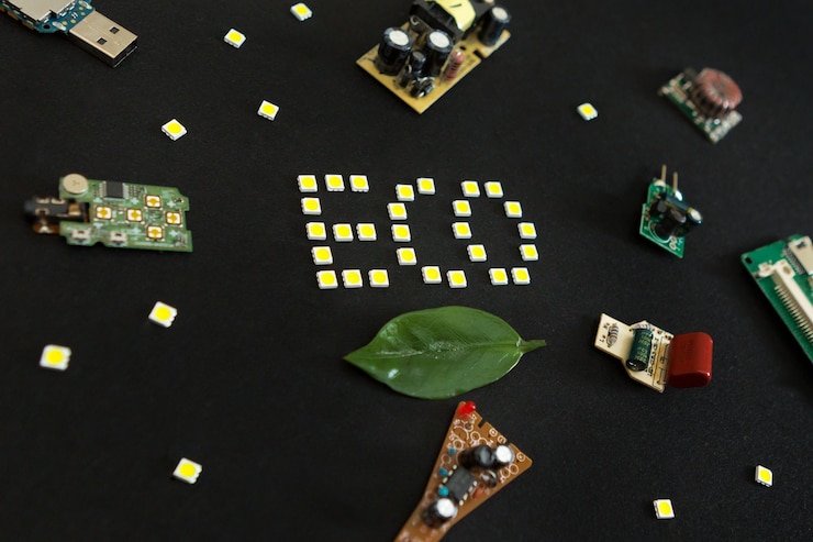 Photo energy saving light-emitting diode lamps with computer board, drivers, save energy concept on black background. concept for saving energy led, eco-friendly, global warming, flat lay top view