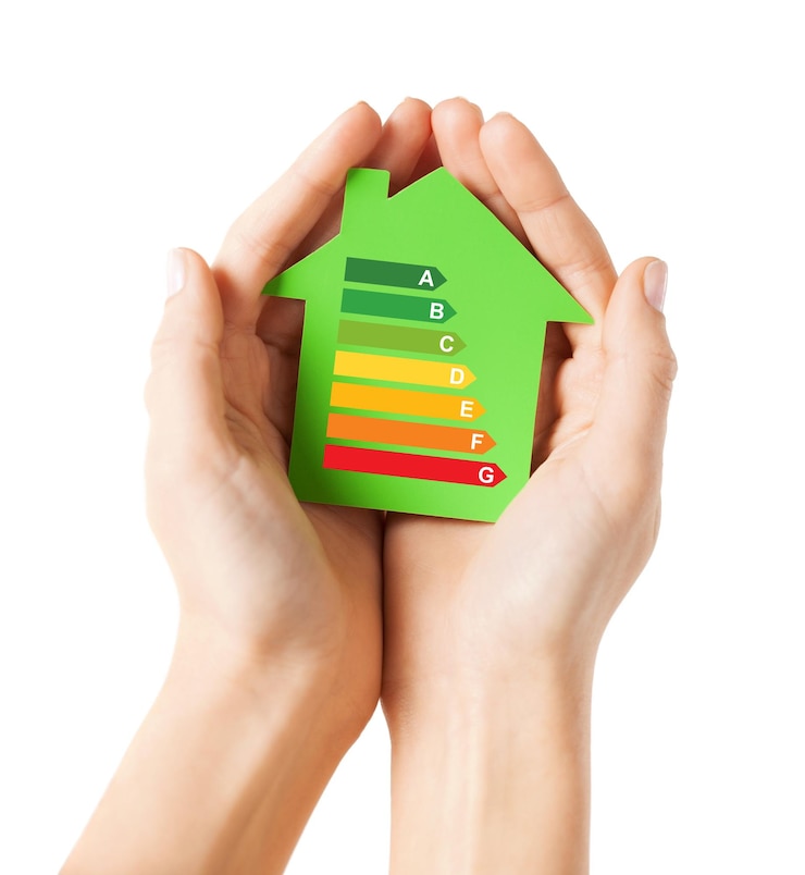 Photo energy saving, real estate and family home concept - closeup of female hands holding green paper house with energy efficiency rating
