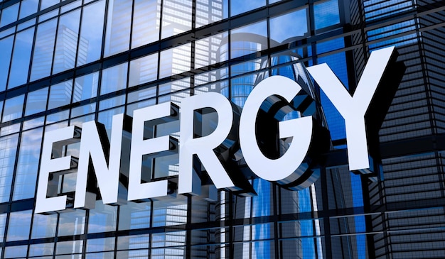 Photo energy sign on modern glass building facade