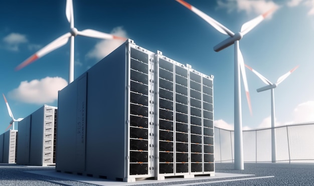 背景にソーラー パネルと風力タービンを備えたリチウム電池モジュールのエネルギー貯蔵システム 3D レンダリング ジェネレーティブ AI