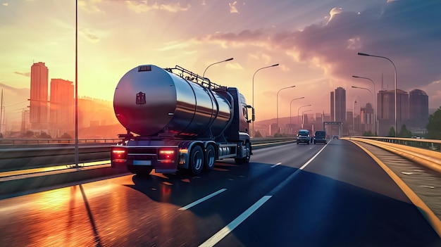 Energy Transportation Tanker Truck in the Evening Sunlight Generative AI