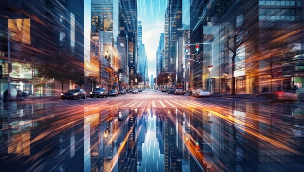 The energy and vibrancy of a city street at night with fastpaced traffic and blurred motion creating a dynamic business environment set against a stunning urban skyline Ai generative