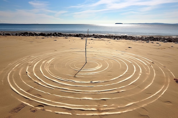 Energy Vortex Drawn on Sandy Beach with Ocean Waves