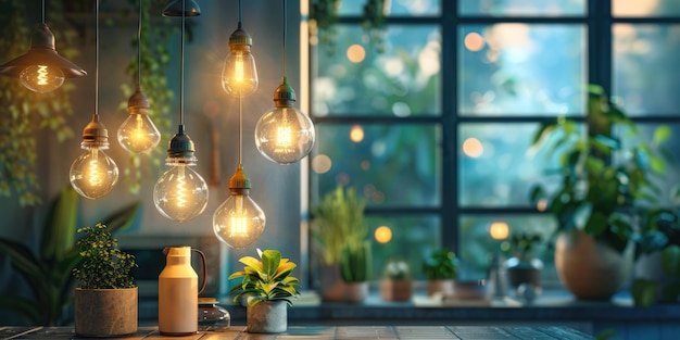 현대적인 LED 조명을 전시하는 에너지 절약 아이디어 Generative Ai