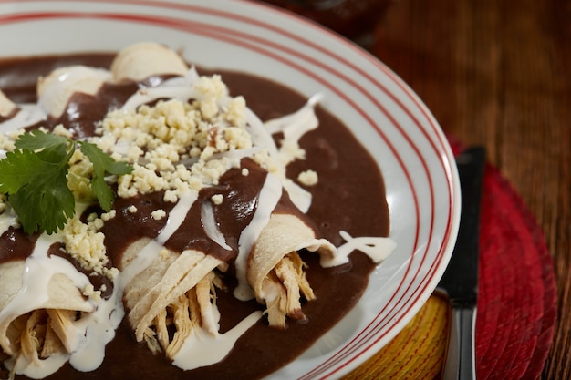 사진 enfrijoladas con pollo crema y queso comida tipica mexicana