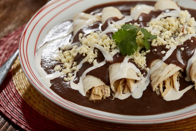 Foto enfrijoladas con pollo crema y queso comida tipica mexicana