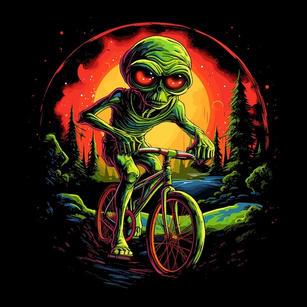 Eng buitenaards wezen op een fiets met een donkere achtergrond