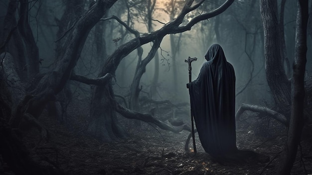 Eng donker bos met een figuur van een heks in een donkere mantelgeneratieve ai
