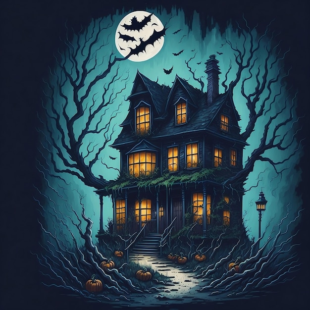 Eng Halloween-huis met knuppelspompoenen en zombieënachtergrond