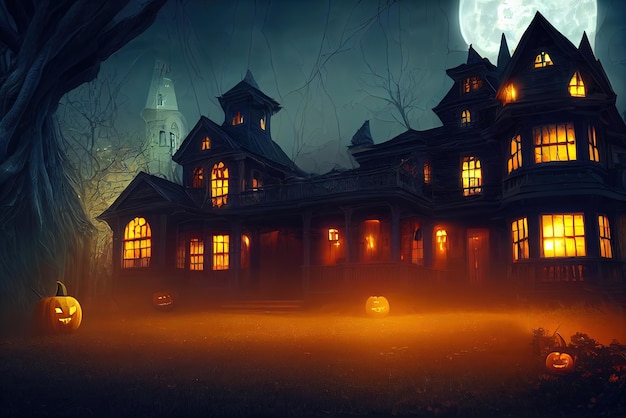 Eng huis 's nachts Halloween ontwerp achtergrond behang illustratie Concept art Digitaal schilderen